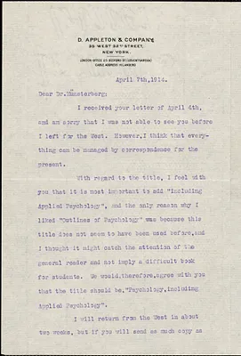 Appleton, William Worthen, 1845-1924 typed letter signed to Hugo Münsterberg, New York, 07 April 1914