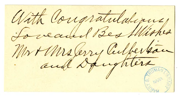 Wedding Gift Card from Mr. and Mrs. Jerry Culbertson