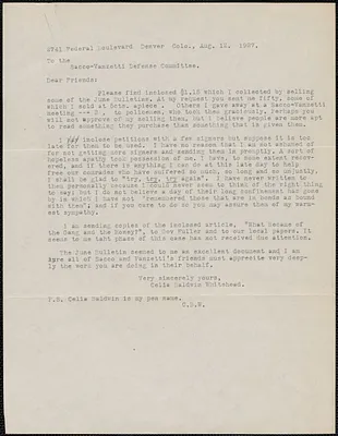 Celia Baldwin Whitehead typed letter to Sacco-Vanzetti Defense Committee, Denver, Colo., August 12, 1927