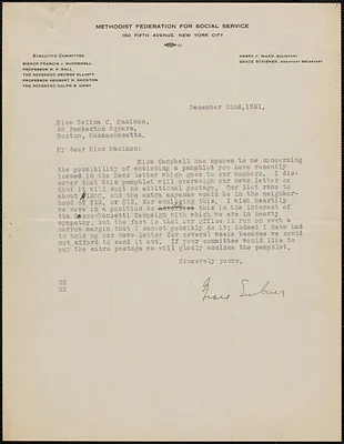 Grace Scribner (Methodist Federation for Social Service) typed letter signed to Selma Maximon, New York, December 22, 1921