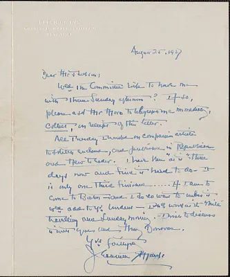 Jeannette Marks autograph note signed to Gardner Jackson, Westport, N. Y., August 25, 1927
