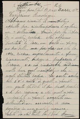 Gianni autograph note signed, in Italian, to Felice Guadagni, Barre, Vt., September 2, 1924