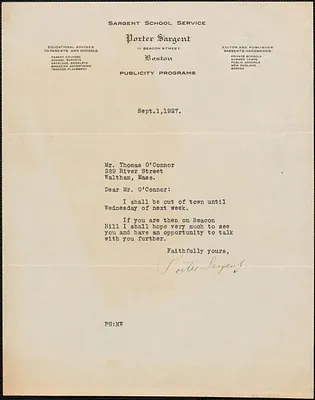 Porter Sargent (Sargent School Service) typed note signed to Thomas O'Connor (Citizens National Committee for Sacco and Vanzetti), Boston, Mass., September 1, 1927