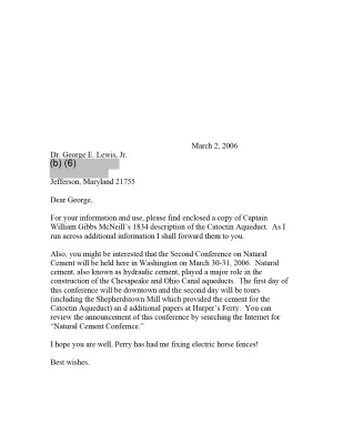 Letter to George E. Lewis, Jr., Catoctin Station Farm, From Dr. Dr. Robert J. Kapsch Accompanying Copy of Captain William Gibbs McNeill's 1834 Description of the Catoctin Aqueduct, March 2, 2006