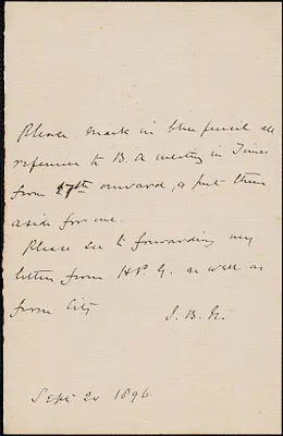 [John Biddulph Martin] autograph note signed (initials) to Mr. Womack, [London?], September 20, 1896