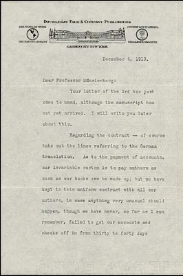 Doubleday, Frank Nelson, 1862-1934 typed letter signed to Hugo Münsterberg, Garden City, N. Y., 4 December 1913