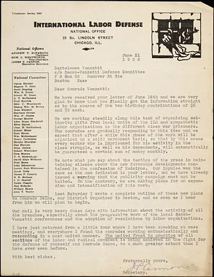 James P. Cannon typed letter signed to Bartolomeo Vanzetti, Chicago, 21 June 1926