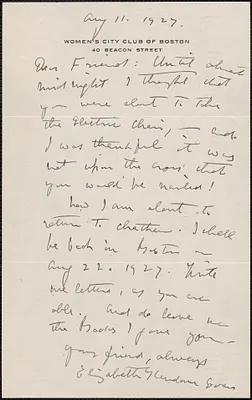 Elizabeth Glendower Evans autograph letter signed to [Nicola Sacco and Bartolomeo Vanzetti, Boston, Mass.], August 11, 1927