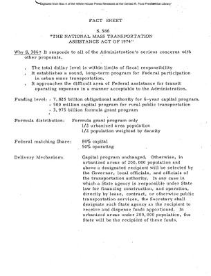Fact Sheet on S. 386 the National Mass Transportation Assistance Act of 1974