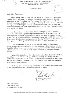 Letter of Resignation from Frederic V. Malek