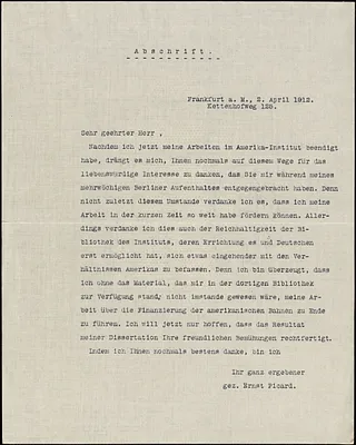 Picard, Ernst typed copy of letter to Hugo Münsterberg, Frankfurt a.M., Ger., 02 April 1912