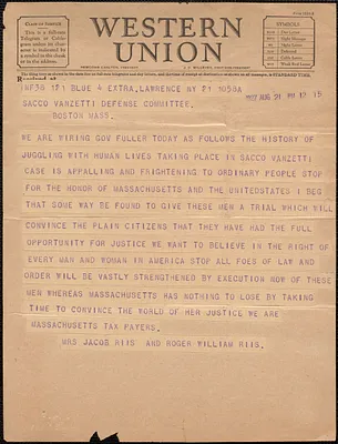 Mary Phillips Riis and Roger William Riis telegram to Sacco-Vanzetti Defense Committee, Lawrence, N.Y., August 21, 1927