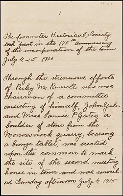 Handwritten account of the Leominster Historical Society’s part in the 175th anniversary of the incorporation of the town, celebrated July 4 & 5, 1915