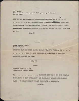 Typed note (copy) to Editor, the Boston American, etc., [1927?]