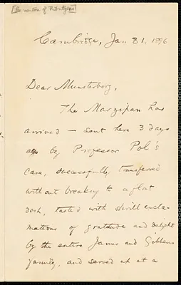 James, William, 1842-1910 autograph letter signed to Hugo Münsterberg, Cambridge, Mass., 31 January 1896