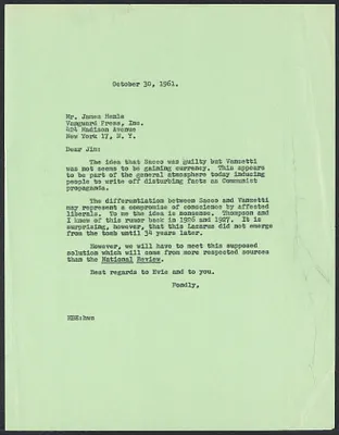 Herbert Brutus Ehrmann Papers, 1906-1970. Sacco-Vanzetti. Correspondence: Oct. 1957-Nov. 1961. Box 11, Folder 12, Harvard Law School Library, Historical & Special Collections