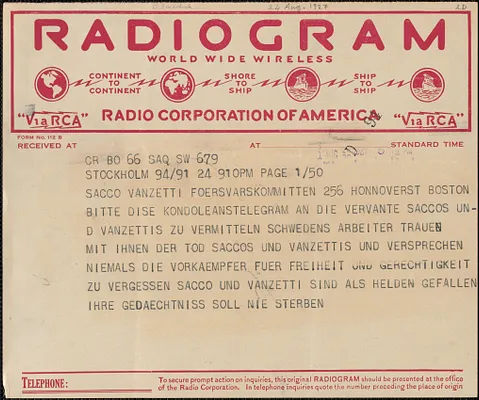Telegram, in Swedish, to Sacco-Vanzetti Defense Committee, Stockholm, August 24, 1927