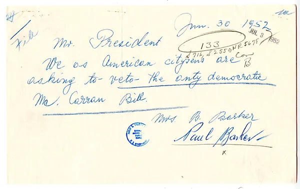 Letter from Paul Barker to President Harry S. Truman