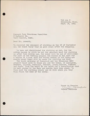 Letter to Concord Fair Practices Committee about receipt of clothing donation in Mississippi