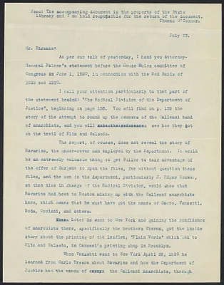 Herbert Brutus Ehrmann Papers, 1906-1970. Sacco-Vanzetti. Notes on persons interviewed, 1925-1927. Box 13, Folder 20, Harvard Law School Library, Historical & Special Collections