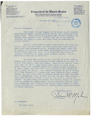 Letter from Senator Brien McMahon to President Harry S. Truman