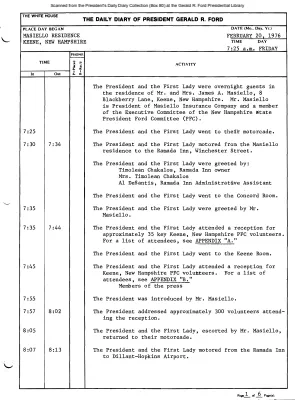 President Gerald R. Ford's Daily Diary, February 20, 1976