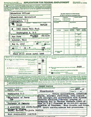 Application for federal employment, Helen Ripley, Abbot Academy, class of 1930