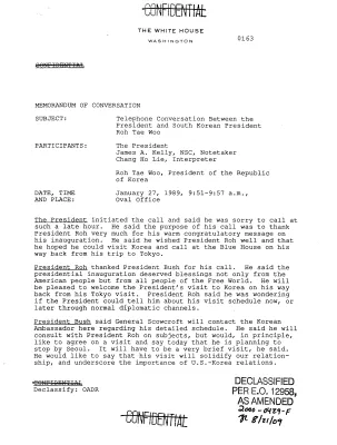 Telephone Conversation Between the President and South Korean President Roh Tae Woo, January 27, 1989