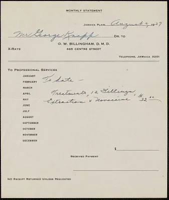 Monthly statement from O. W. Billingham, D. M. D., for Mr. George Knapp, August 2, 1937