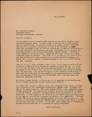 Gardner Jackson typed letter (copy) to Bertrand Russell, [Boston, Mass.], May 15, 1929