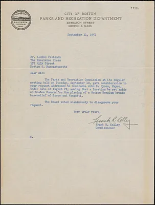 Frank R. Kelly (City of Boston. Parks and Recreation Department) typed note signed to Aldino Felicani, Boston, Mass., September 11, 1957