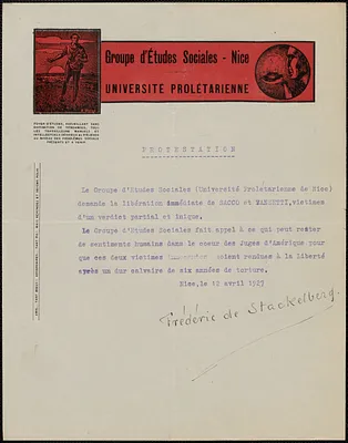 Frédéric Stackelberg (Groupe d'Études Sociales. Niece) typed document signed, in French, Nice, France, April 12, 1927