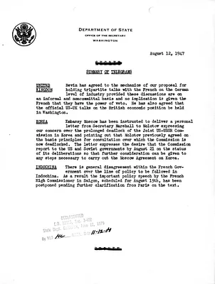 Memorandum, State Department Summary of Telegrams