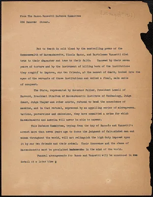 Sacco-Vanzetti Defense Committee typed letter (circular), Boston, Mass., [August 25, 1927]