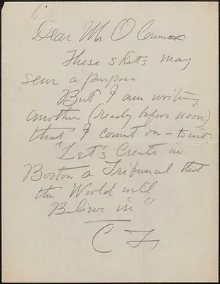 [Charles Ferguson] autograph note signed to Mr. O'Connor, [New York, N. Y., August 1927?]