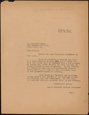 Joseph Moro (Sacco-Vanzetti Defense Committee) typed letter (copy) to Leonard Craig (Sacco-Vanzetti Defense Committee of Western Pennsylvania), Boston, Mass., July 20, 1927