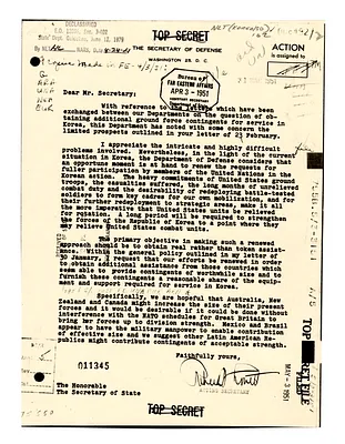Telegram from Acting Secretary of Defense Robert Lovett to Secretary of State Dean Acheson