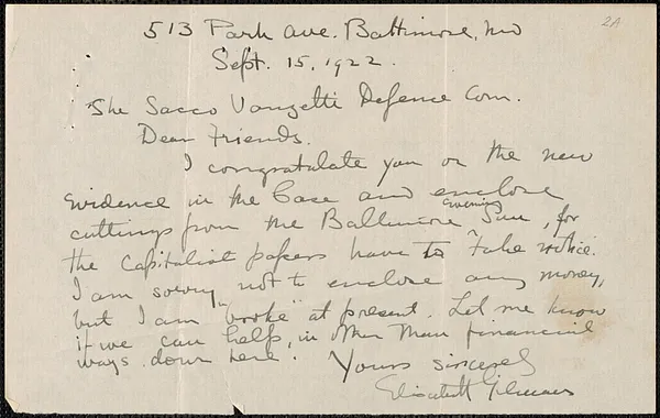 Elisabeth Gilman autograph note signed to Sacco-Vanzetti Defense Committee, Baltimore, Md., September 15, 1922