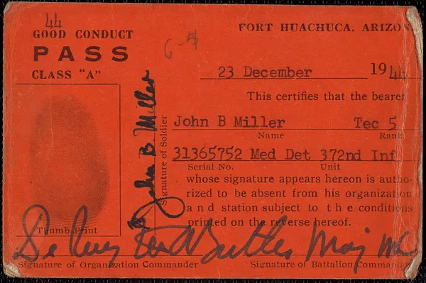 Good conduct pass class "A" Fort Huachuca, Arizona, John B. Miller