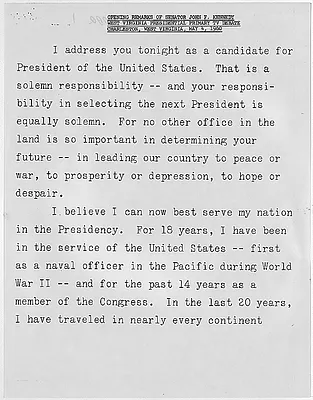 Opening Remarks of Senator John F. Kennedy West Virginia Presidential Primary TV Debate May 4, 1960