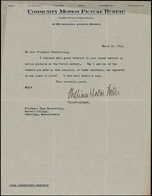 Foster, William Horton, fl. 1916 typed letter signed to Hugo Münsterberg, Boston, 31 March 1916