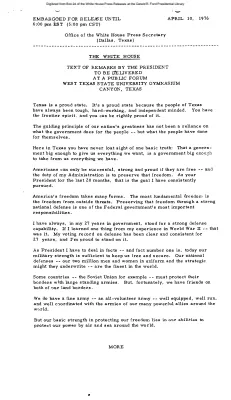 Text of Remarks by the President to Be Delivered at a Public Forum, West Texas State University Gymnasium, Canyon, Texas [Ford Speech or Statement]