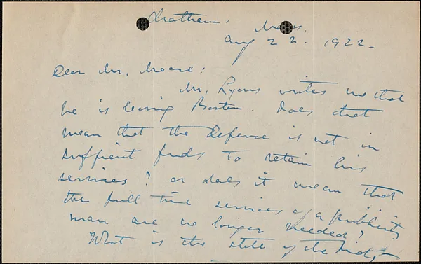 Elizabeth G[lendower] Evans autograph letter signed to [Fred H.] Moore, Chatham, Mass, August 22, 1922