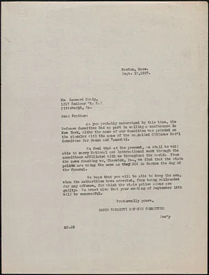 Mary Donovan (Sacco-Vanzetti Defense Committee) typed letter (copy) to Leonard Craig (Sacco-Vanzetti Defense Committee of Western Pennsylvania), Boston, Mass., September 13, 1927