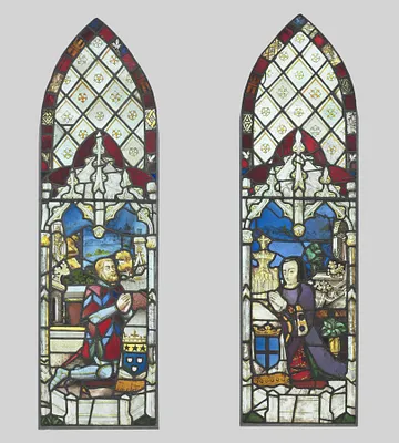 Pair of Stained Glass Panels with Male and Female Donor