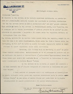Vittorio Vidali typed letter signed to Bartolomeo Vanzetti, New York, 14 October 1926