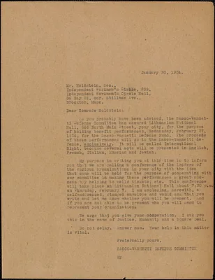 Sacco-Vanzetti Defense Committee typed letter (copy) to Mr. Holdenstein (Sec., Independent Workmen's Circle, #39), Boston, Mass., January 30, 1924