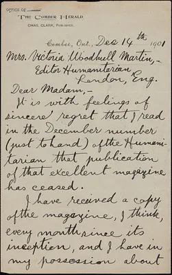 Charles Clark autograph letter signed to Victoria Woodhull Martin, Comber, Ont., December 14, 1901
