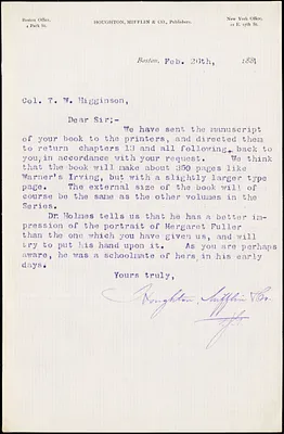 Houghton, Mifflin, & Co. typed letter signed to Thomas Wentworth Higginson, Boston, Mass., 26 February 1884