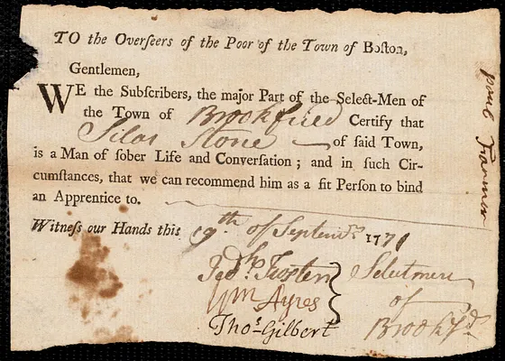 Margaret [Margarett] Bright indentured to apprentice with Silas Stone of Brookfield, 25 September 1771